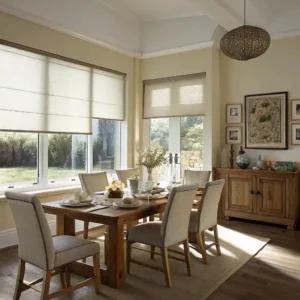 dining room with roller shades