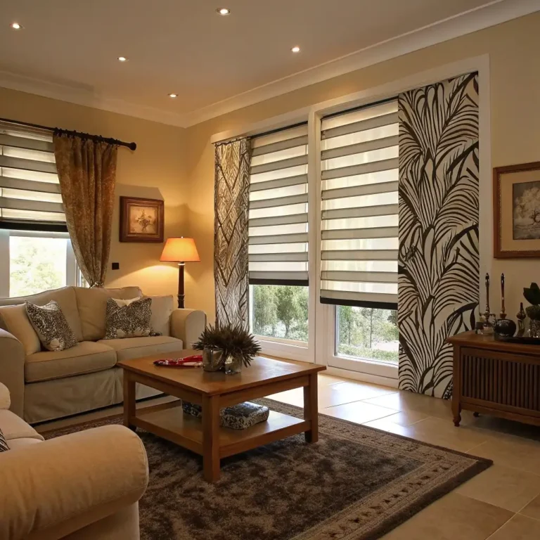 living room with zebra blinds
